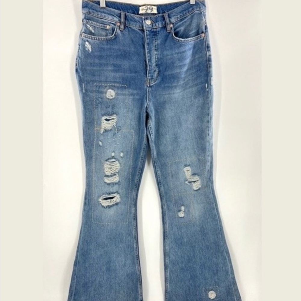 Free People Distressed Patchwork Button Fly Boho … - image 2